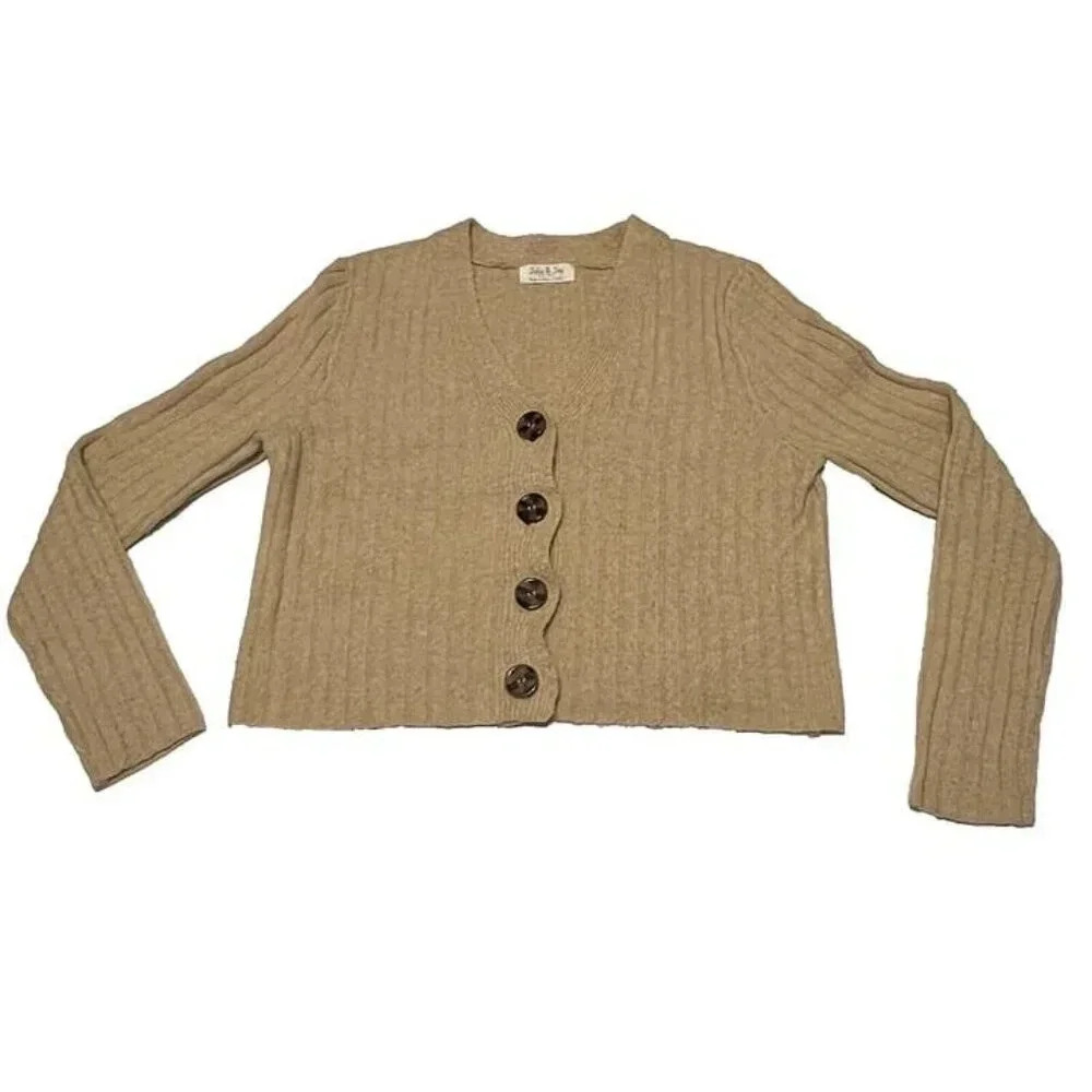 Jolie & Joy SM Beige Boucle‎ Knit Cropped Boyfriend Cardigan Back to School Fall